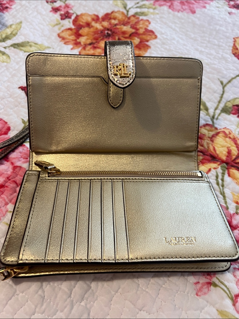 Ralph Lauren Metallic Gold Silver Wallet Wristlet with RL Logo - Picture 2 of 12